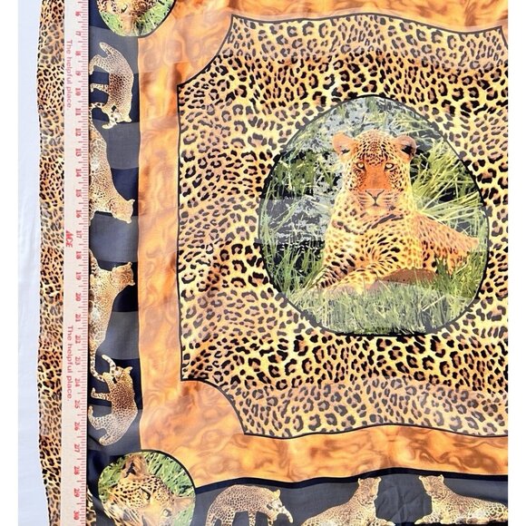 Leopard Silk Scarf Animal Print Square Safari 33" x 33" Bordered Hand Rolled Hem - Picture 8 of 12